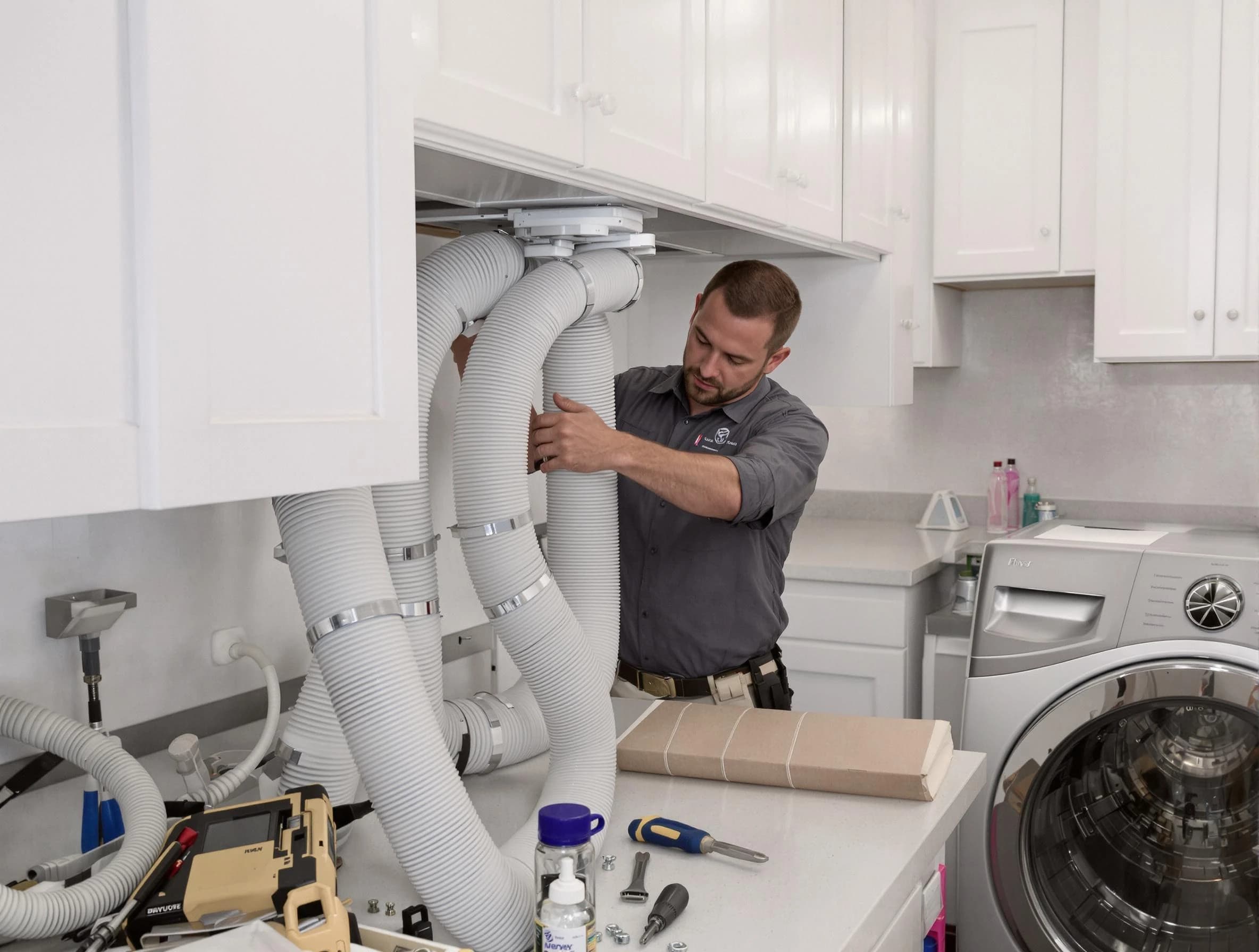 South Salt Lake Dryer Vent Cleaning technician installing a new professional-grade dryer vent hose in South Salt Lake