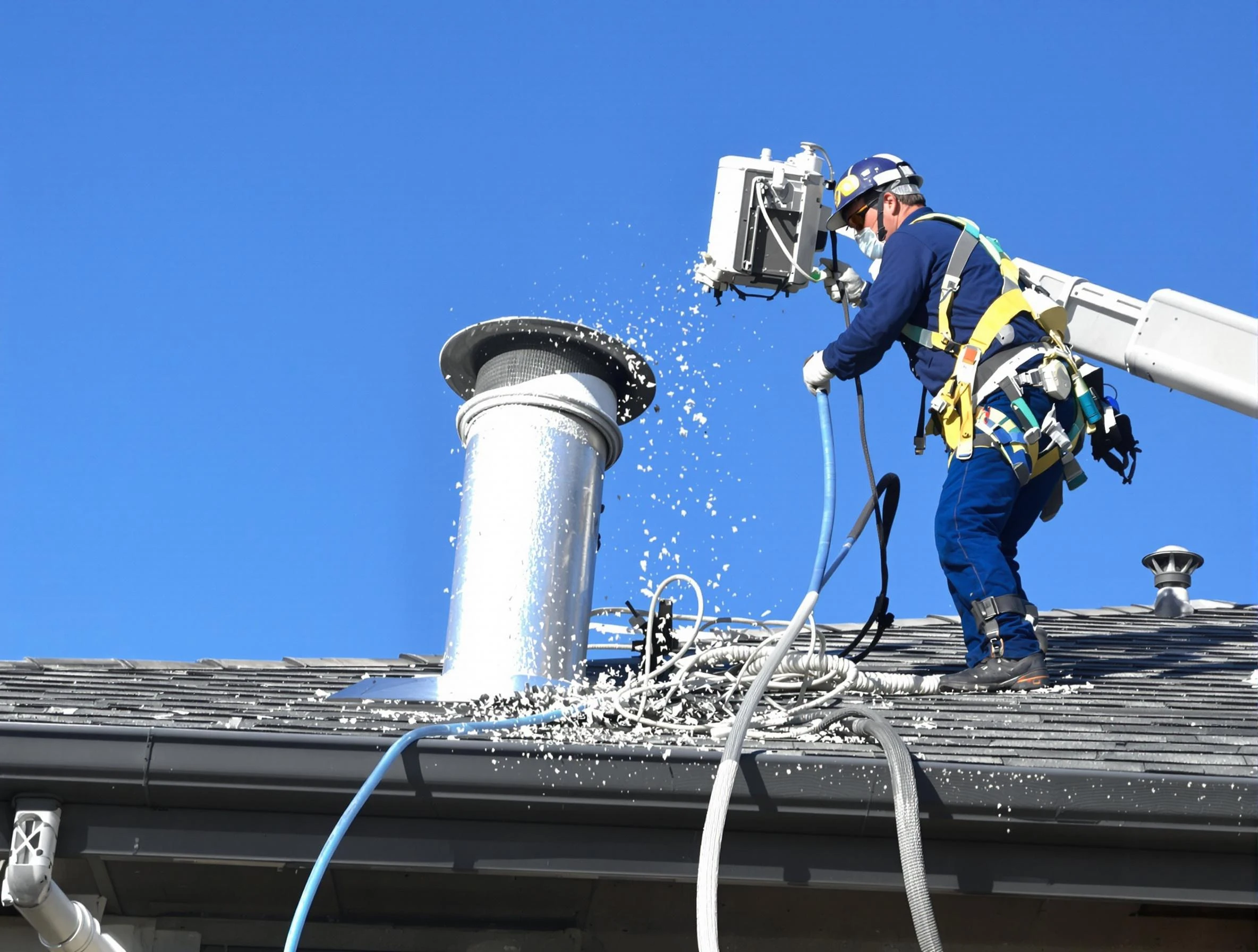 South Salt Lake Dryer Vent Cleaning certified technician safely cleaning a roof-mounted dryer vent in South Salt Lake